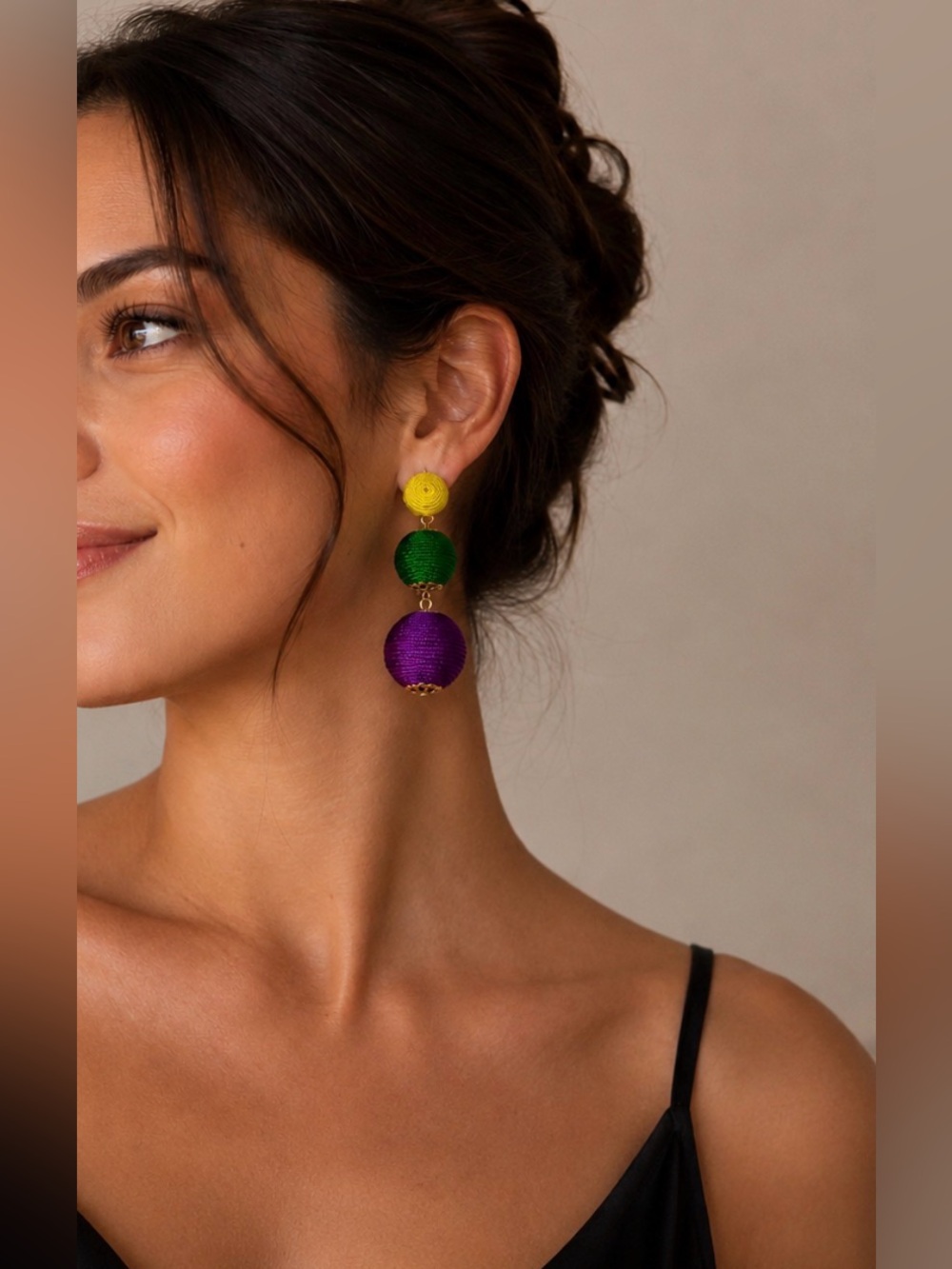 Vibrant Triple-Ball Drop Earrings in Yellow, Green & Purple